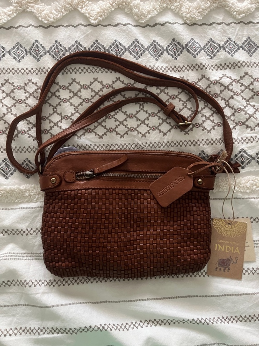Crafted Brown Woven Crossbody Bag - Genuine Leather